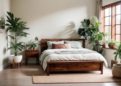 bed with plants near